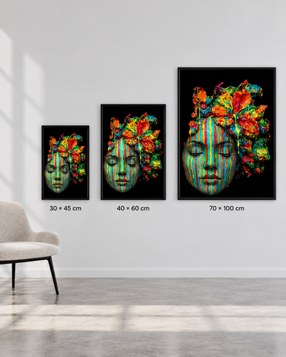 Emerging Face by NAÏAH size guide showing 30 × 45, 40 × 60 and 70 × 100 cm black-framed fine art prints.