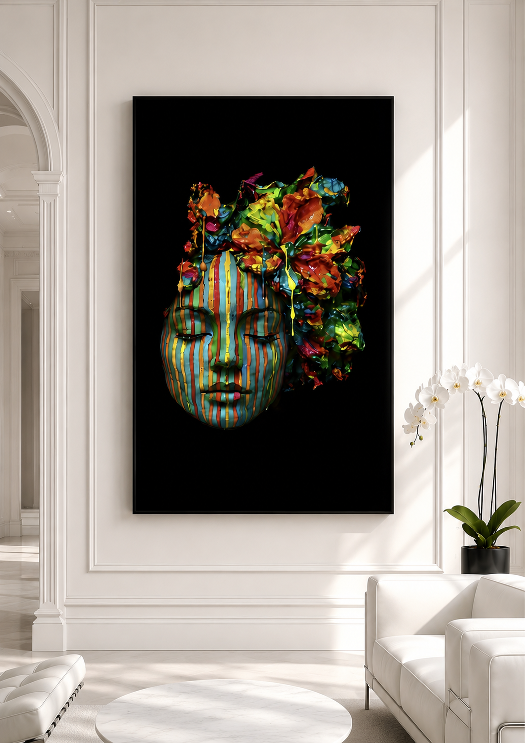 Emerging Face by NAÏAH, a colorful striped sculptural female face with a headdress on a black background in a curated contemporary interior.