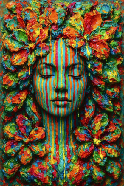 Emerging Face by Naïah, a vertical fine art print with a striped face and vivid florals on a black background