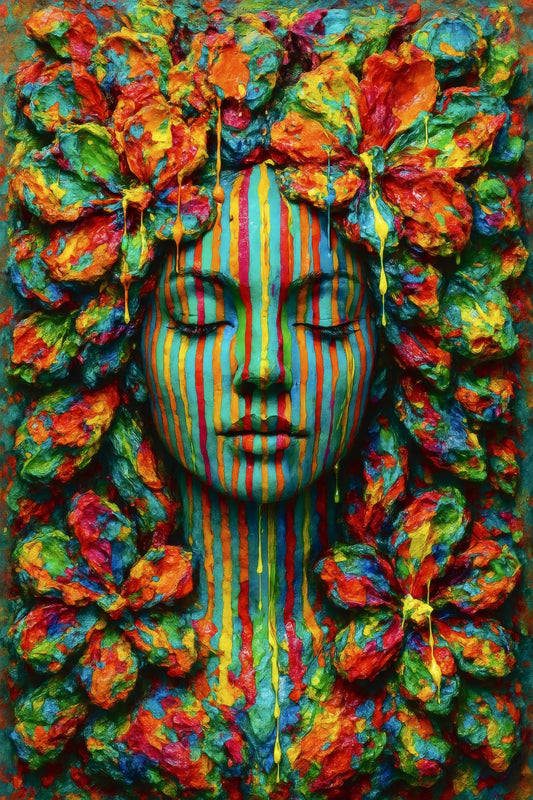 Emerging Face by Naïah, a vertical fine art print with a striped face and vivid florals on a black background
