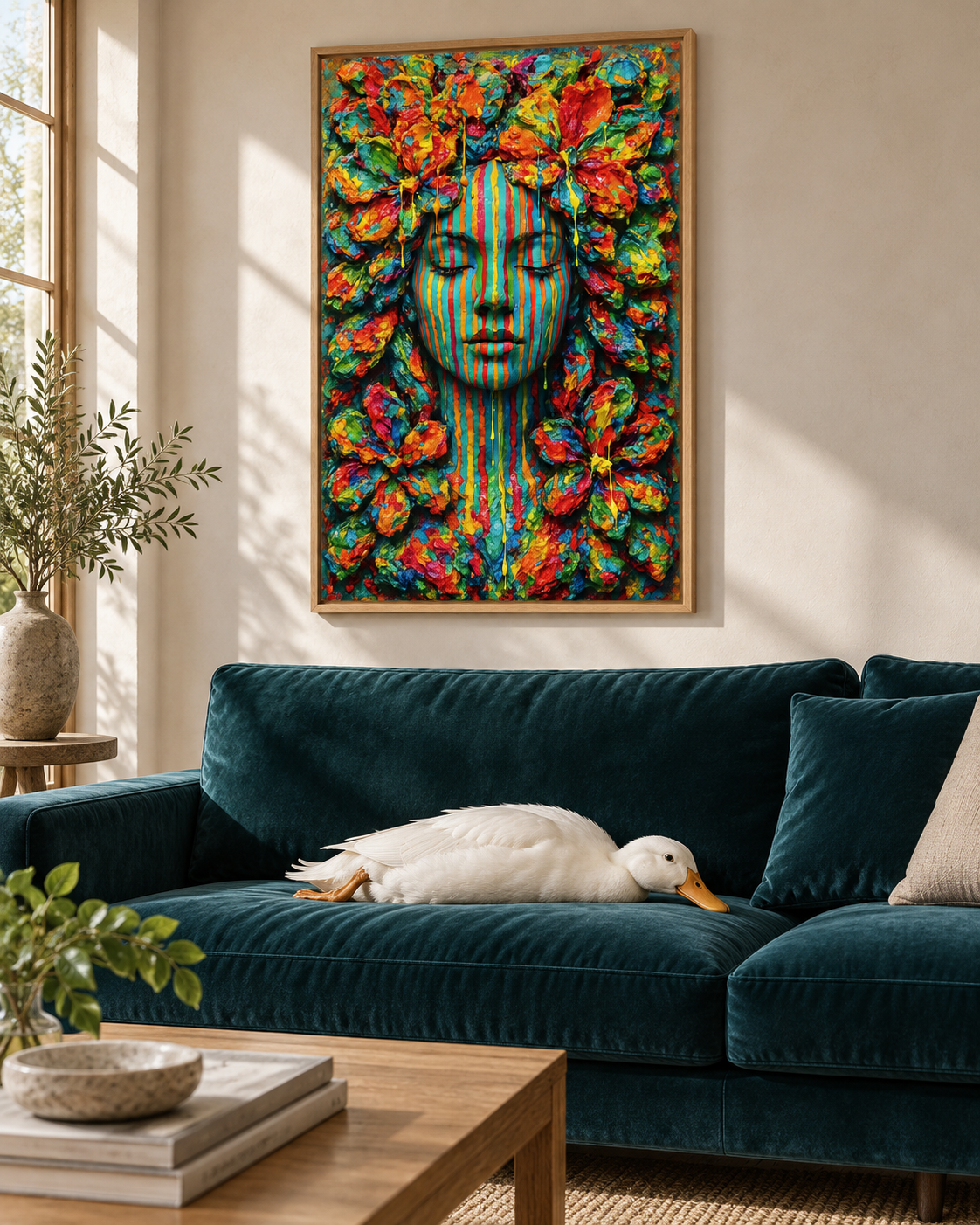 Emerging Flower Face by Naïah — framed artwork styled with a realistic duck