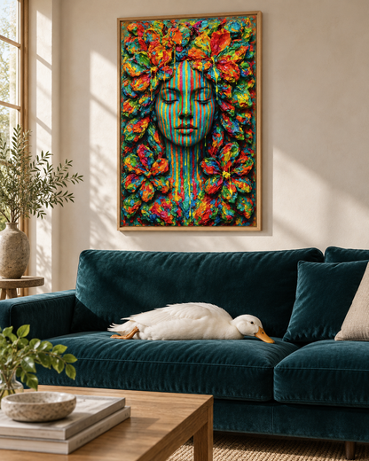 Emerging Flower Face by Naïah — framed artwork styled with a realistic duck