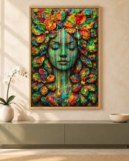 Emerging Flower Face by Naïah — oak-framed fine art print in an elegant interior