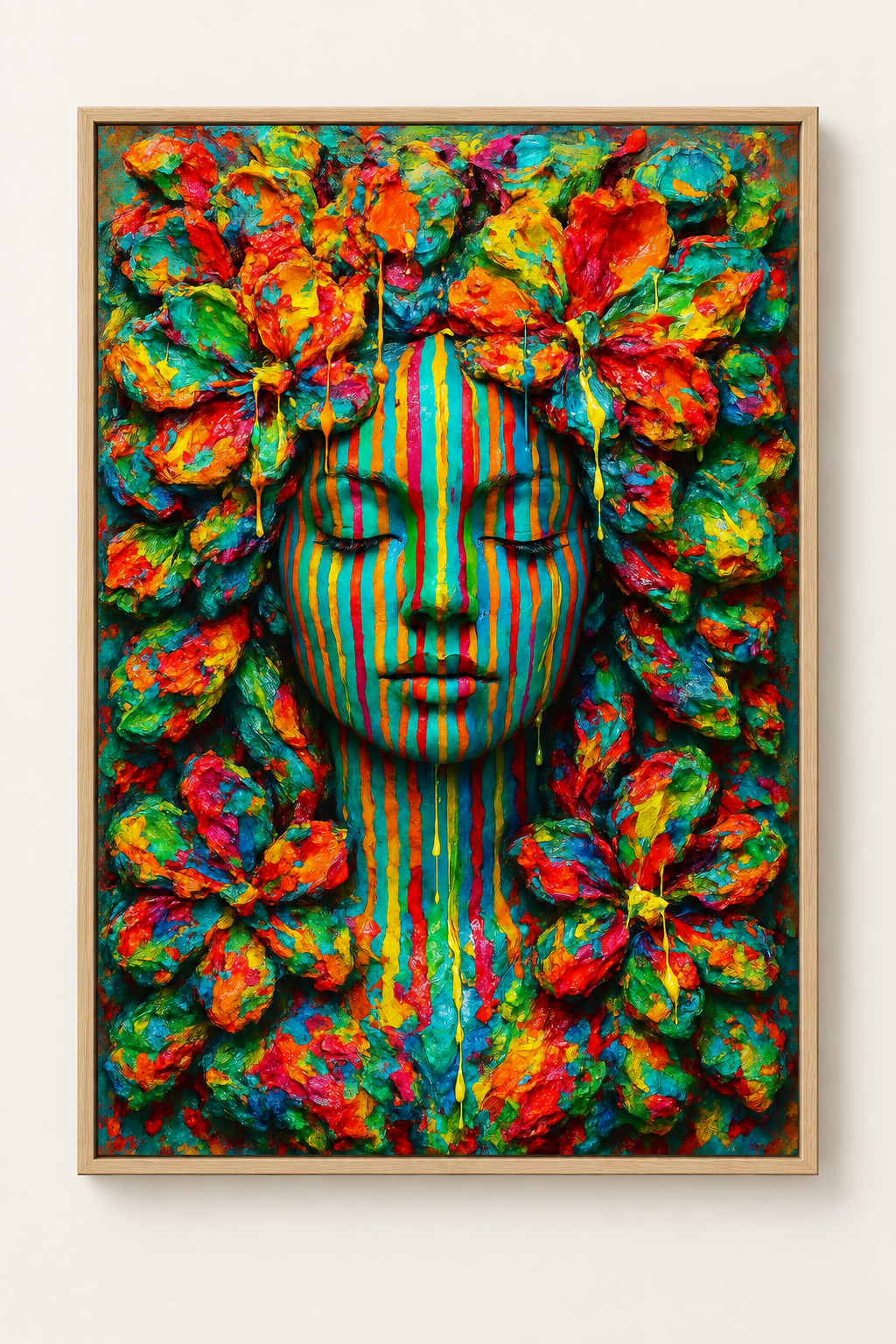 Emerging Flower Face by Naïah — close front view in a solid oak frame