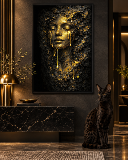 Golden Rock Face by NAÏAH, a black and gold sculptural female portrait in a dark designer console interior.