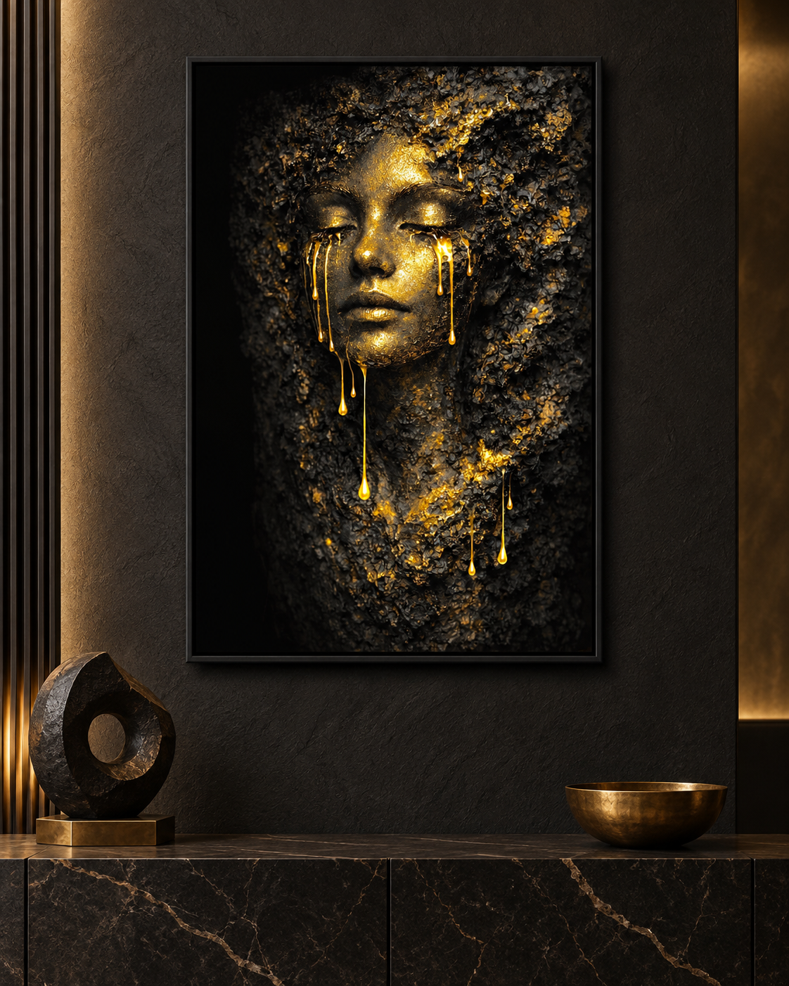 Golden Rock Face by NAÏAH, a black and gold sculptural female portrait in a dark luxury interior.