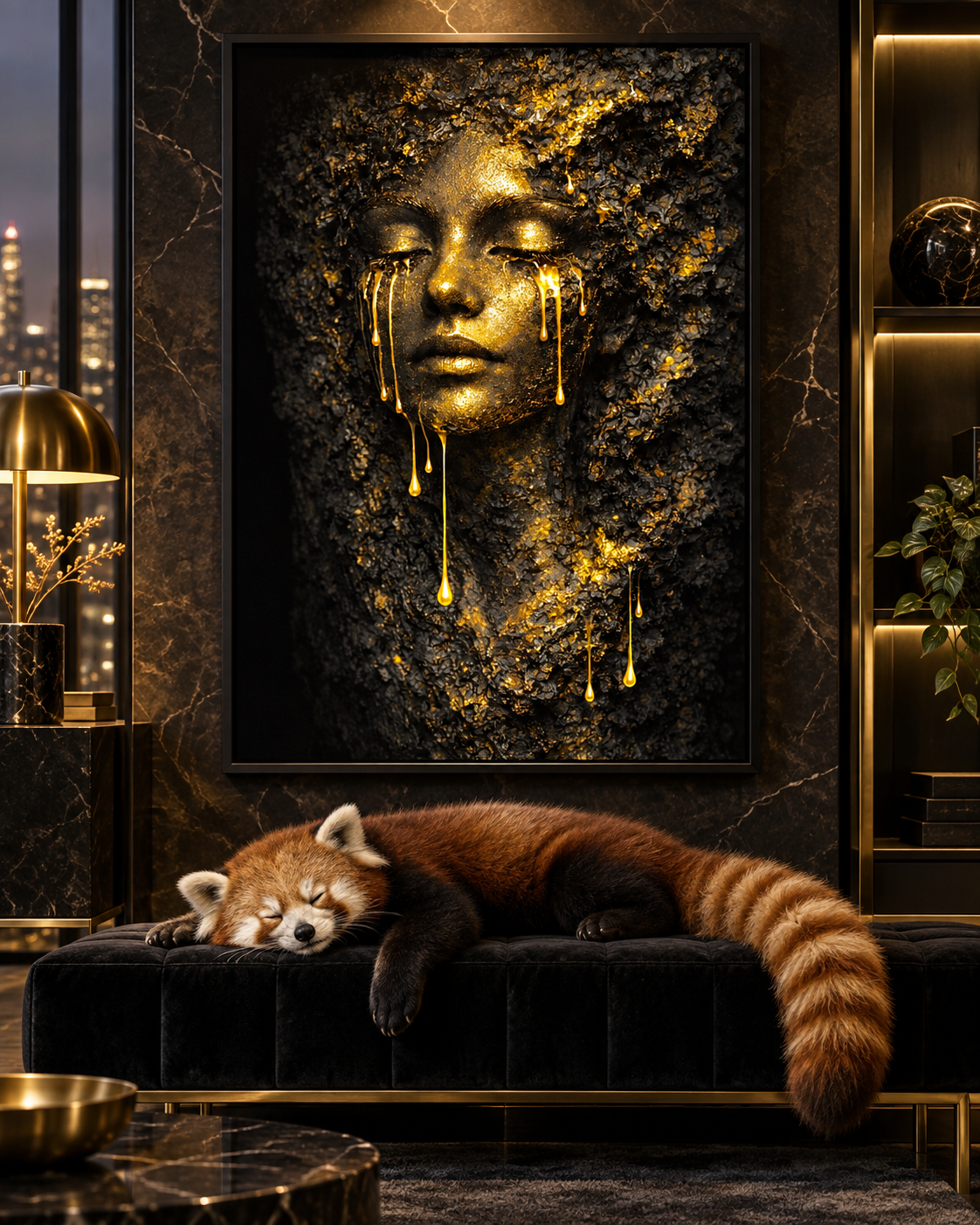 Golden Rock Face by NAÏAH, a black and gold sculptural female portrait in a refined dining room.