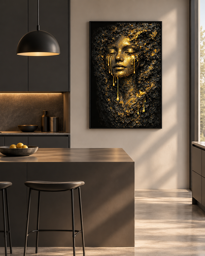 Golden Rock Face by NAÏAH, a black and gold sculptural female portrait in a black frame in a bright minimalist kitchen.