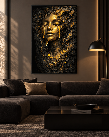 Golden Rock Face by NAÏAH, a black and gold sculptural female portrait in a black frame in a minimalist luxury living room.