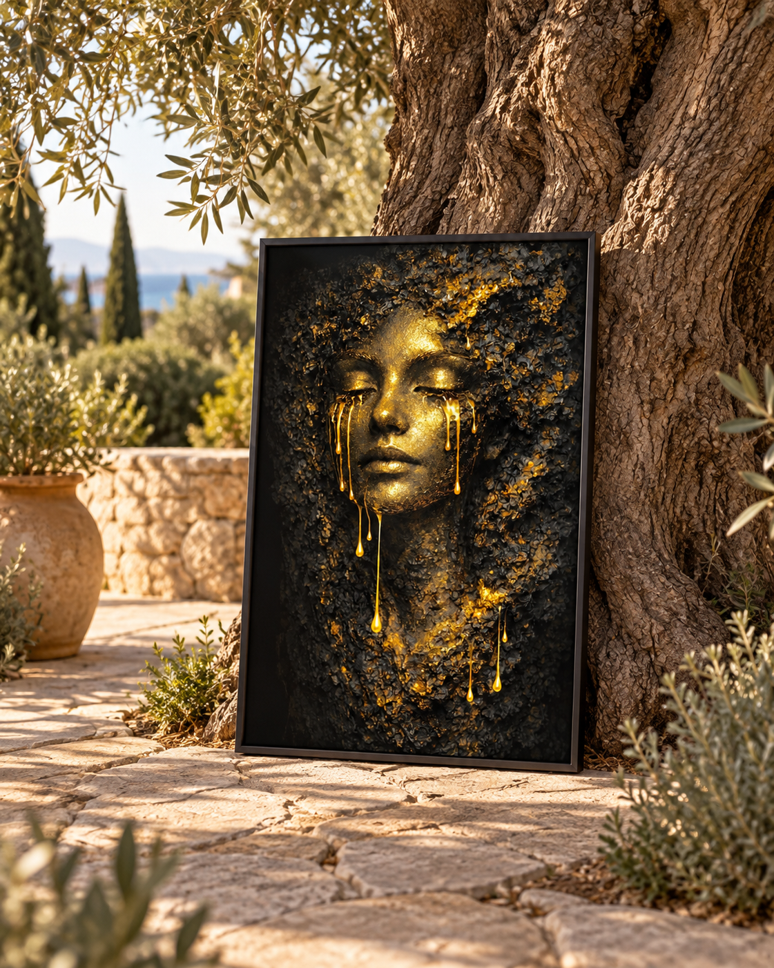 Golden Rock Face by NAÏAH, a black and gold sculptural female portrait, shown in a thin black frame beside an olive tree outdoors.