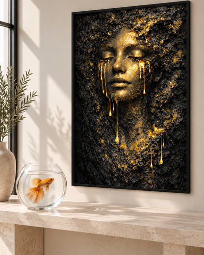 Golden Rock Face by Naïah displayed in a luminous luxury interior, with the complete black and gold portrait, wide black surround and a realistic goldfish.