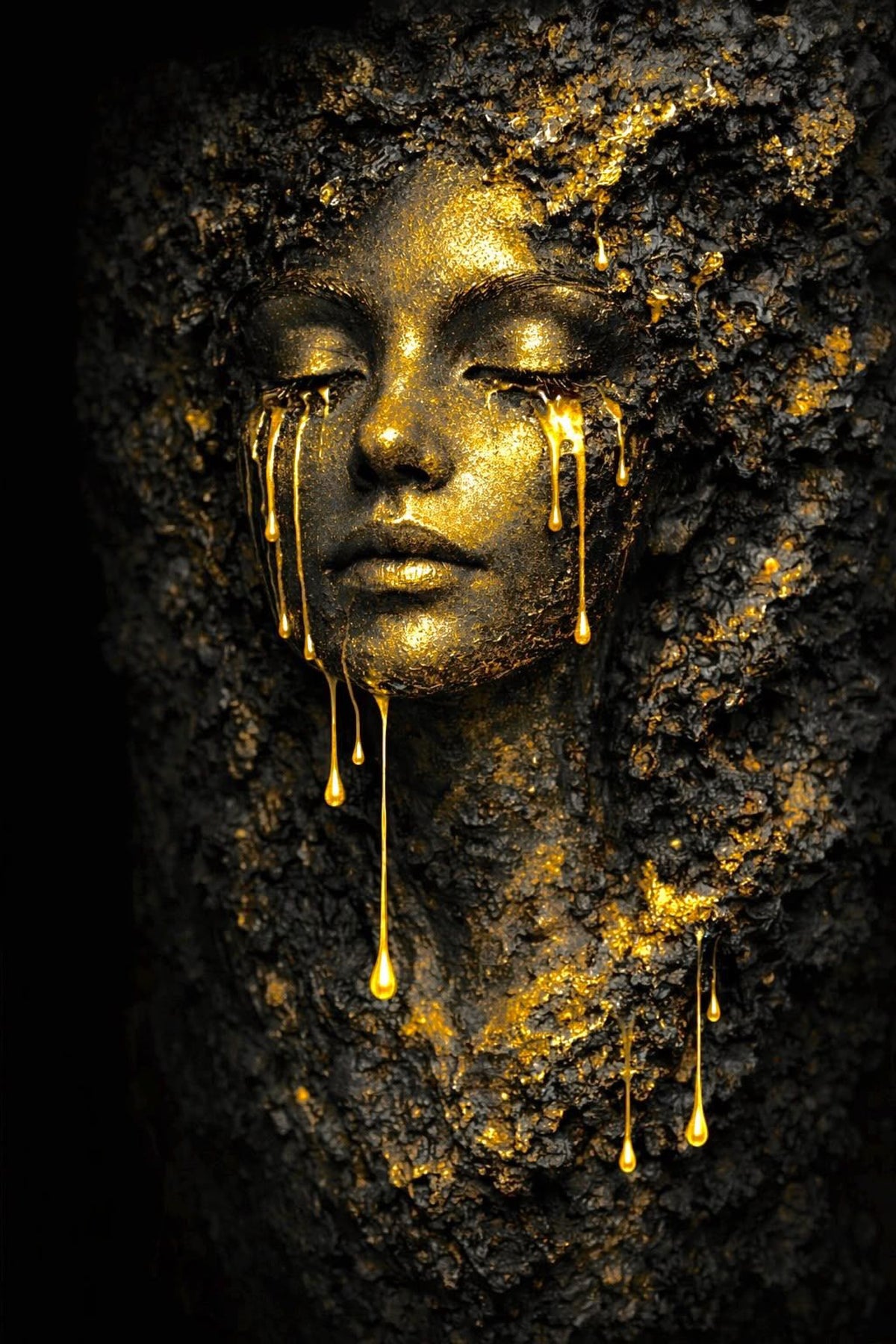 Golden Rock Face by NAÏAH, a black and gold sculptural female portrait, full artwork view prepared for the product gallery.