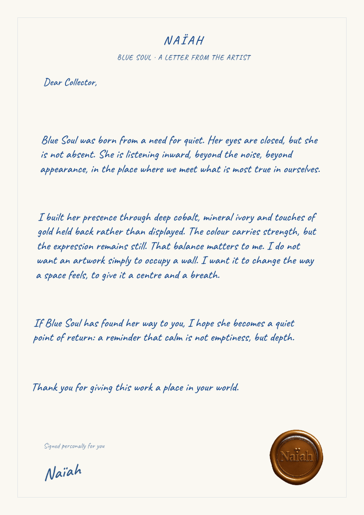 Lettre de l’artiste Naïah — Blue Soul, page A4