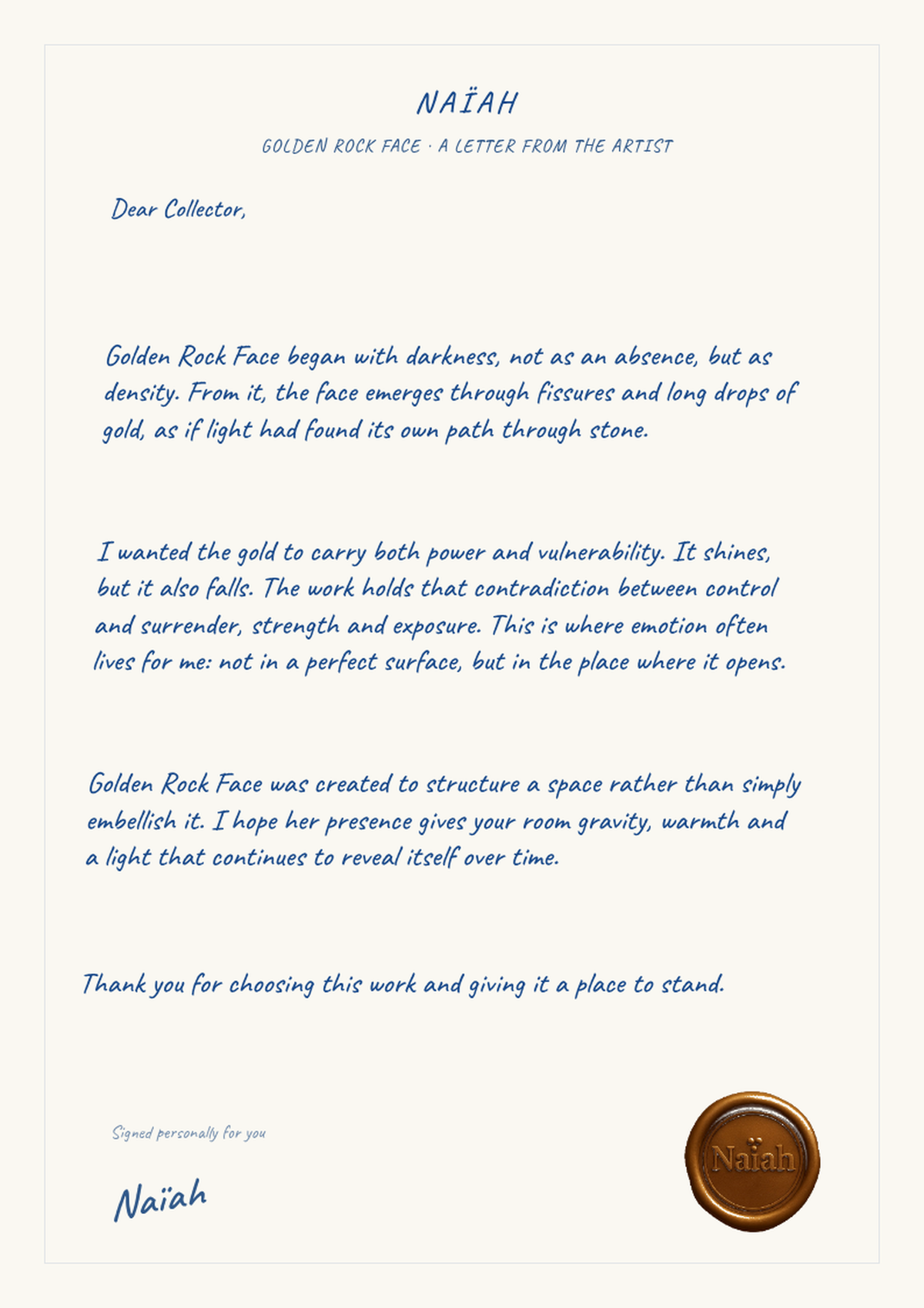Lettre de l’artiste Naïah — Golden Rock Face, page A4