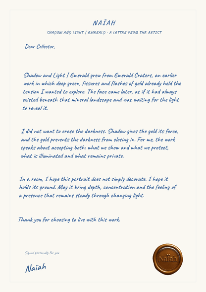 Lettre de l’artiste Naïah — Shadow & Light, page A4