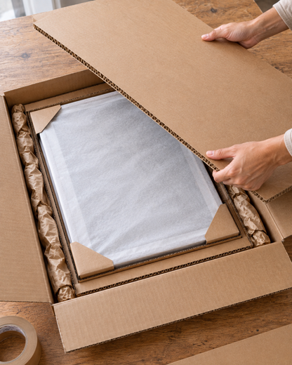 Reinforced carton protecting a framed Naïah fine art print for shipping