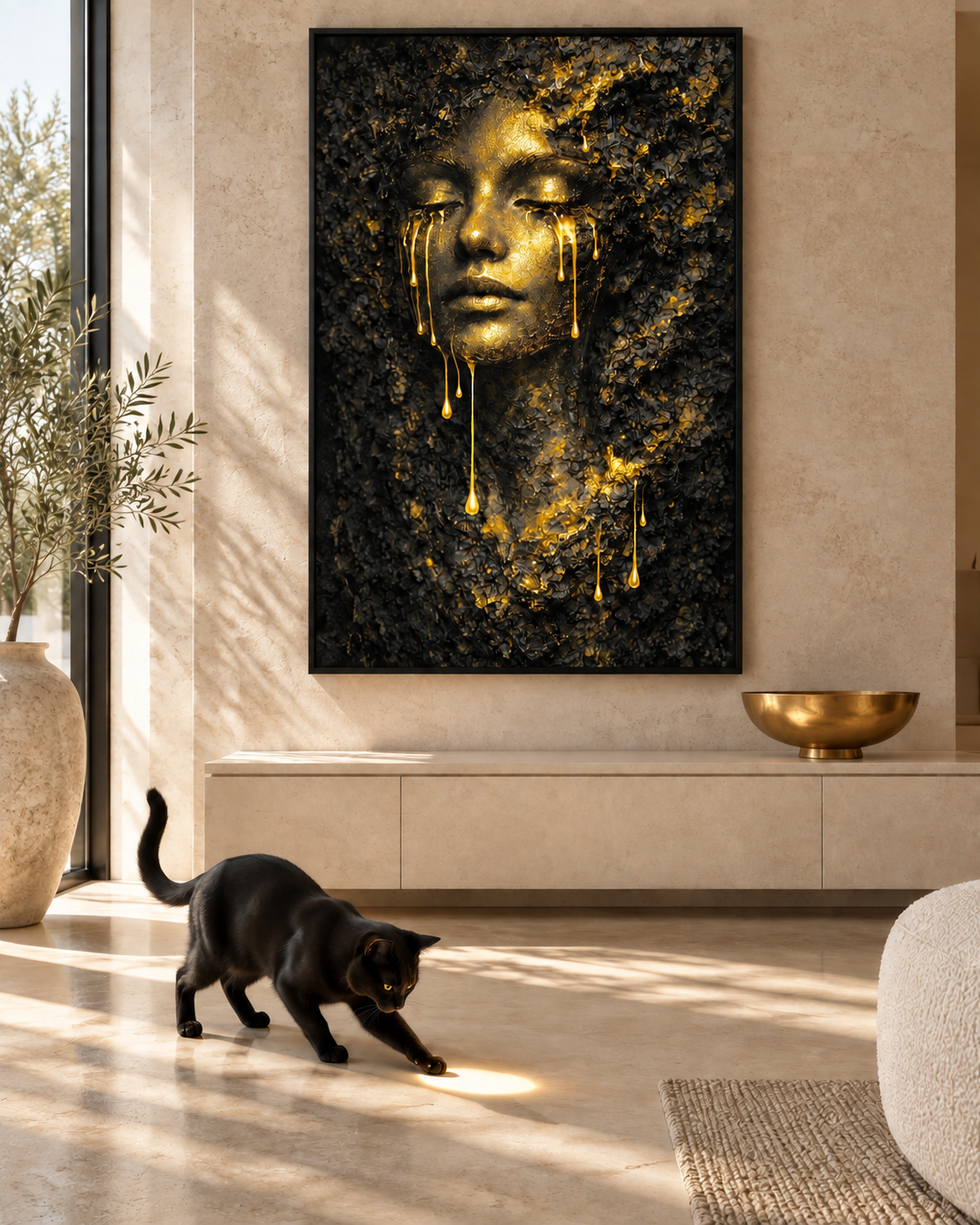 Noir Or by Naïah displayed in a refined interior beside a realistic black cat