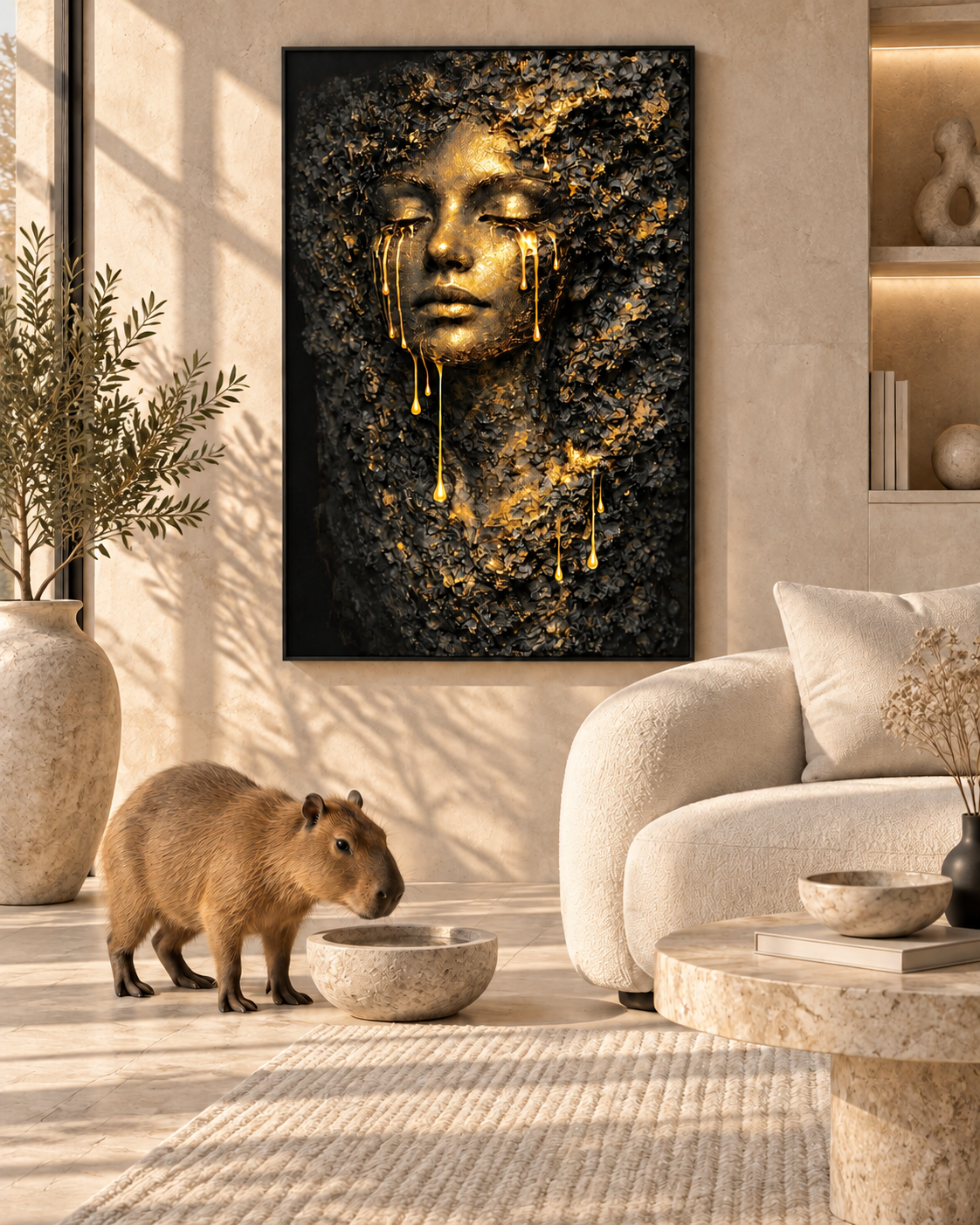 Noir Or by Naïah displayed in a refined interior beside a realistic capybara