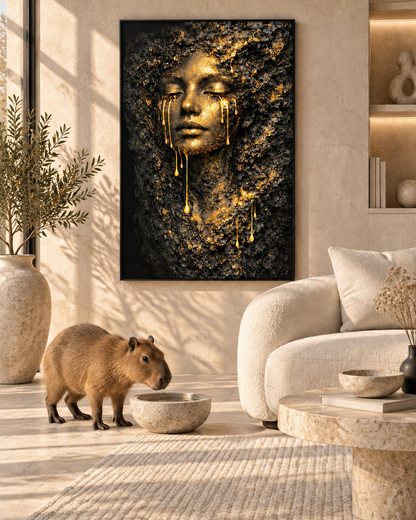 Noir Or by Naïah displayed in a refined interior beside a realistic capybara