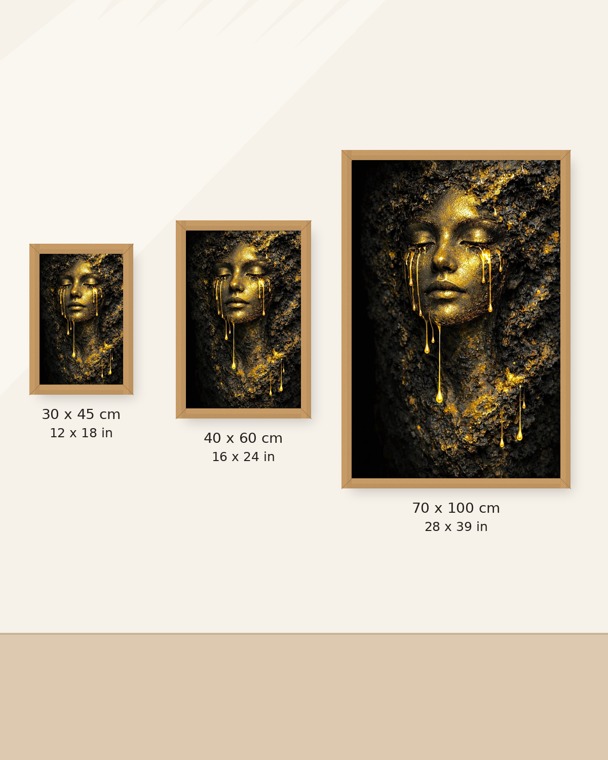 Noir Or size guide showing 30 × 45, 40 × 60 and 70 × 100 cm in oak frames