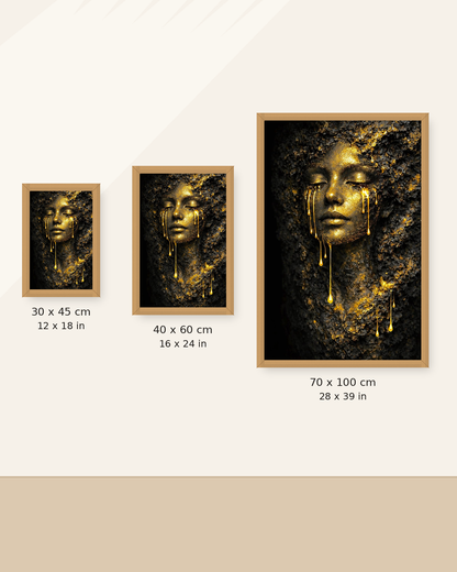Noir Or size guide showing 30 × 45, 40 × 60 and 70 × 100 cm in oak frames