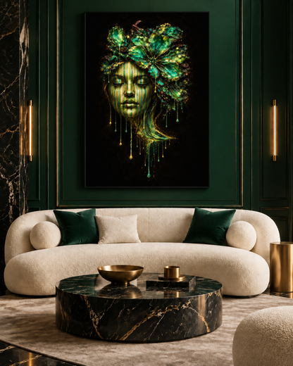 Shadow & Light — Emerald Face by Naïah in a black frame, displayed in a dark luxury living room.