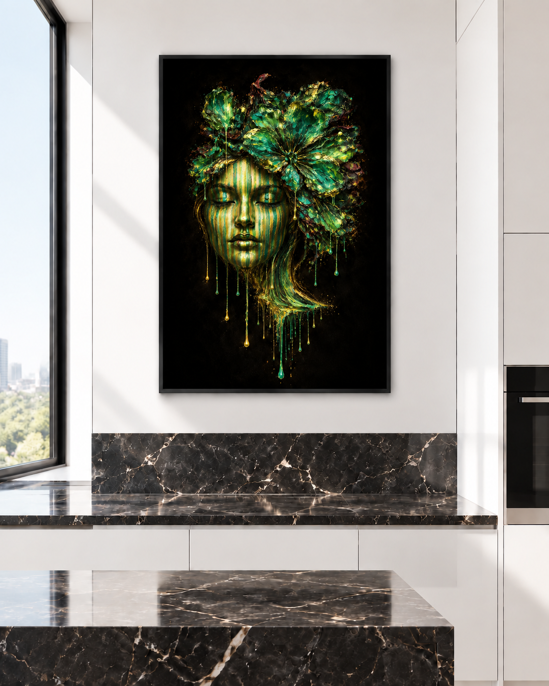 Shadow & Light — Emerald Face by Naïah in a black frame, displayed in a contemporary white kitchen.