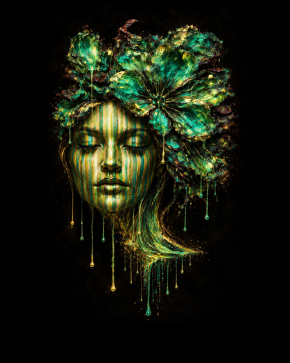 Shadow & Light — Emerald Face by Naïah, green and gold contemporary portrait fine art print on a black background.
