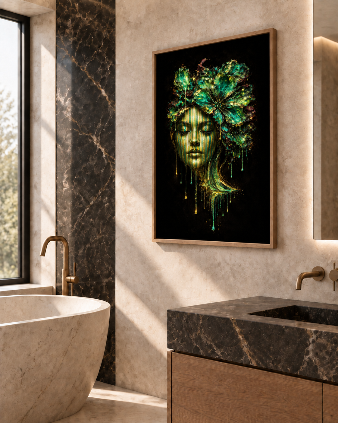 Shadow & Light — Emerald Face by Naïah in an oak frame, displayed in a refined mineral-toned bathroom.