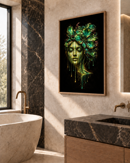 Shadow & Light — Emerald Face by Naïah in an oak frame, displayed in a refined mineral-toned bathroom.