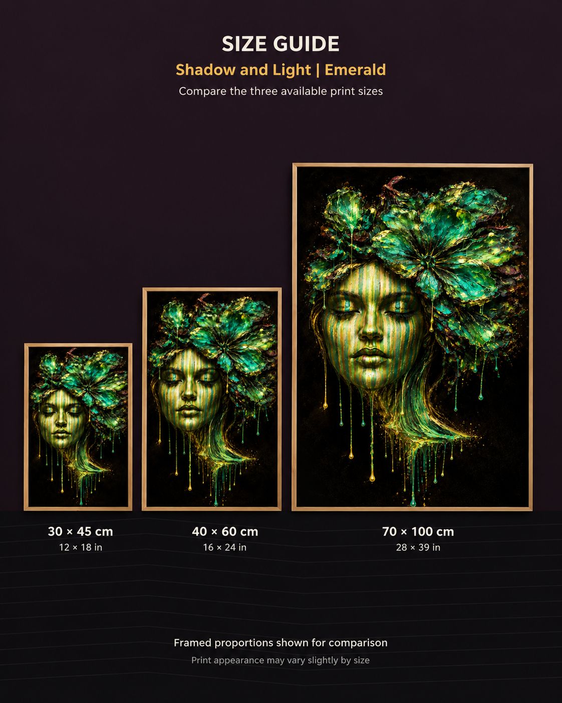 Shadow & Light — Emerald Face size guide showing 30 × 45, 40 × 60 and 70 × 100 cm in oak frames.