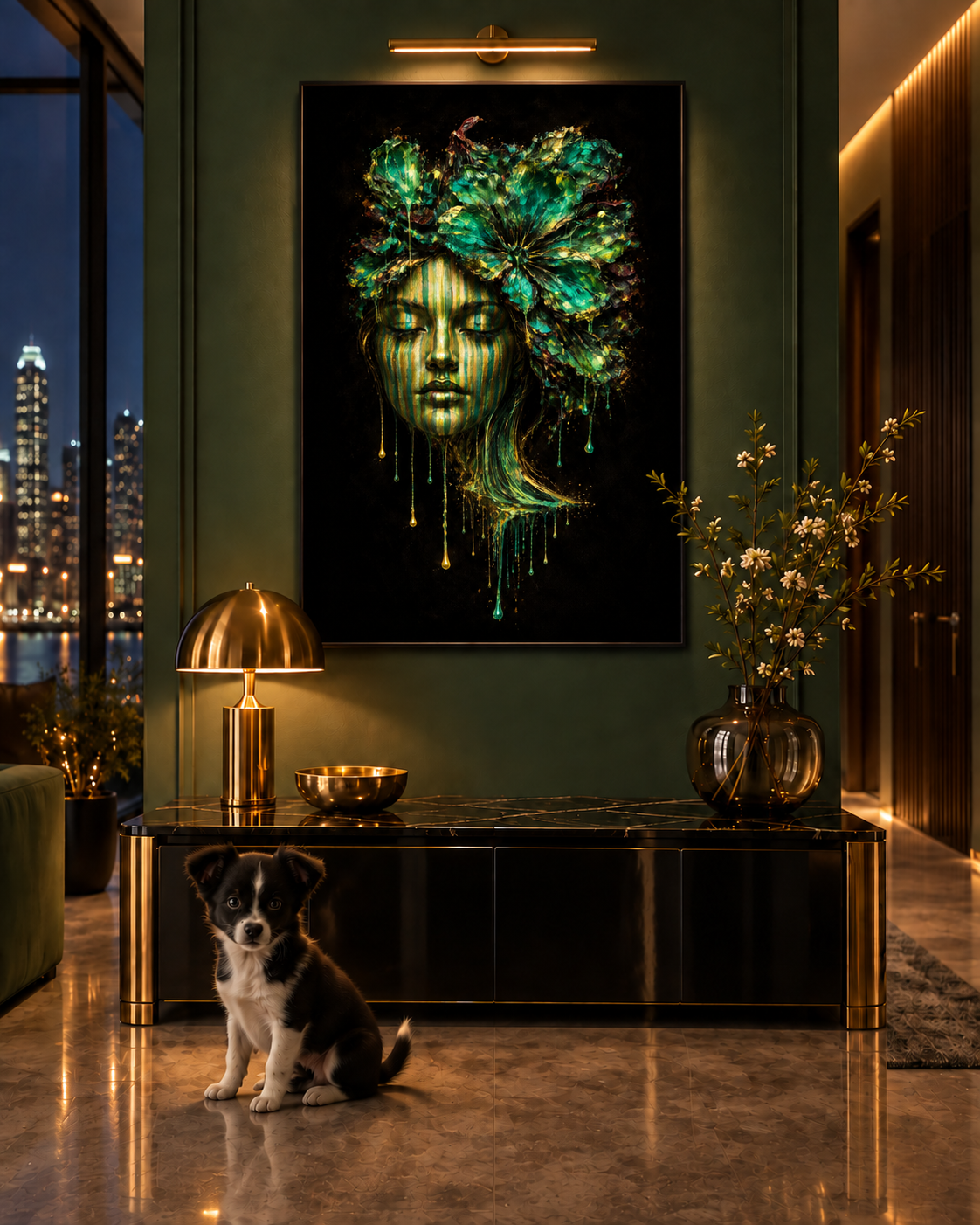Shadow & Light — Emerald Face by Naïah in a thin black frame, displayed in a luxury interior beside a realistic dog.