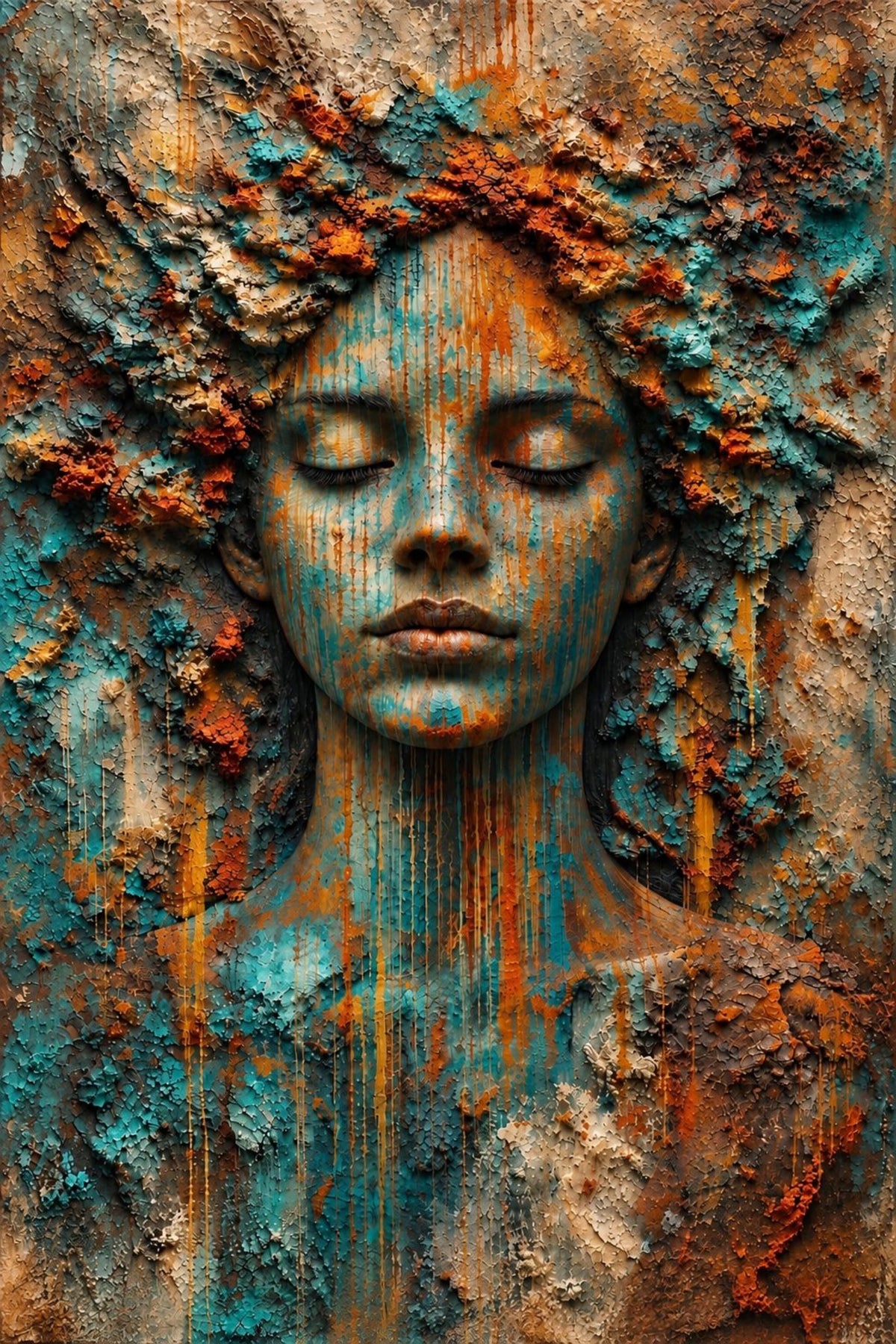 Terra Lace Soul by NAÏAH, a terracotta, turquoise and copper sculptural female portrait, full artwork view prepared for the product gallery.