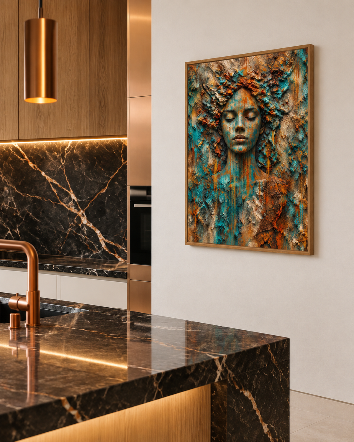 Terra Lace Soul by NAÏAH, a terracotta, turquoise and copper sculptural female portrait, shown at 30 × 45 cm in an oak frame.