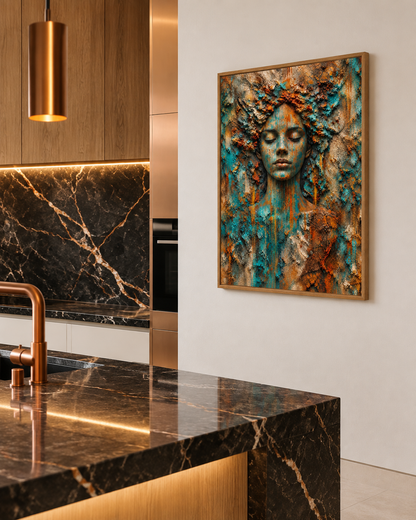 Terra Lace Soul by NAÏAH, a terracotta, turquoise and copper sculptural female portrait, shown at 30 × 45 cm in an oak frame.