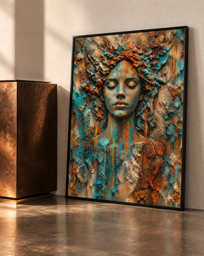 Terra Lace Soul by NAÏAH, a terracotta, turquoise and copper sculptural female portrait, shown at 40 × 60 cm in a black frame in a contemporary floor display.