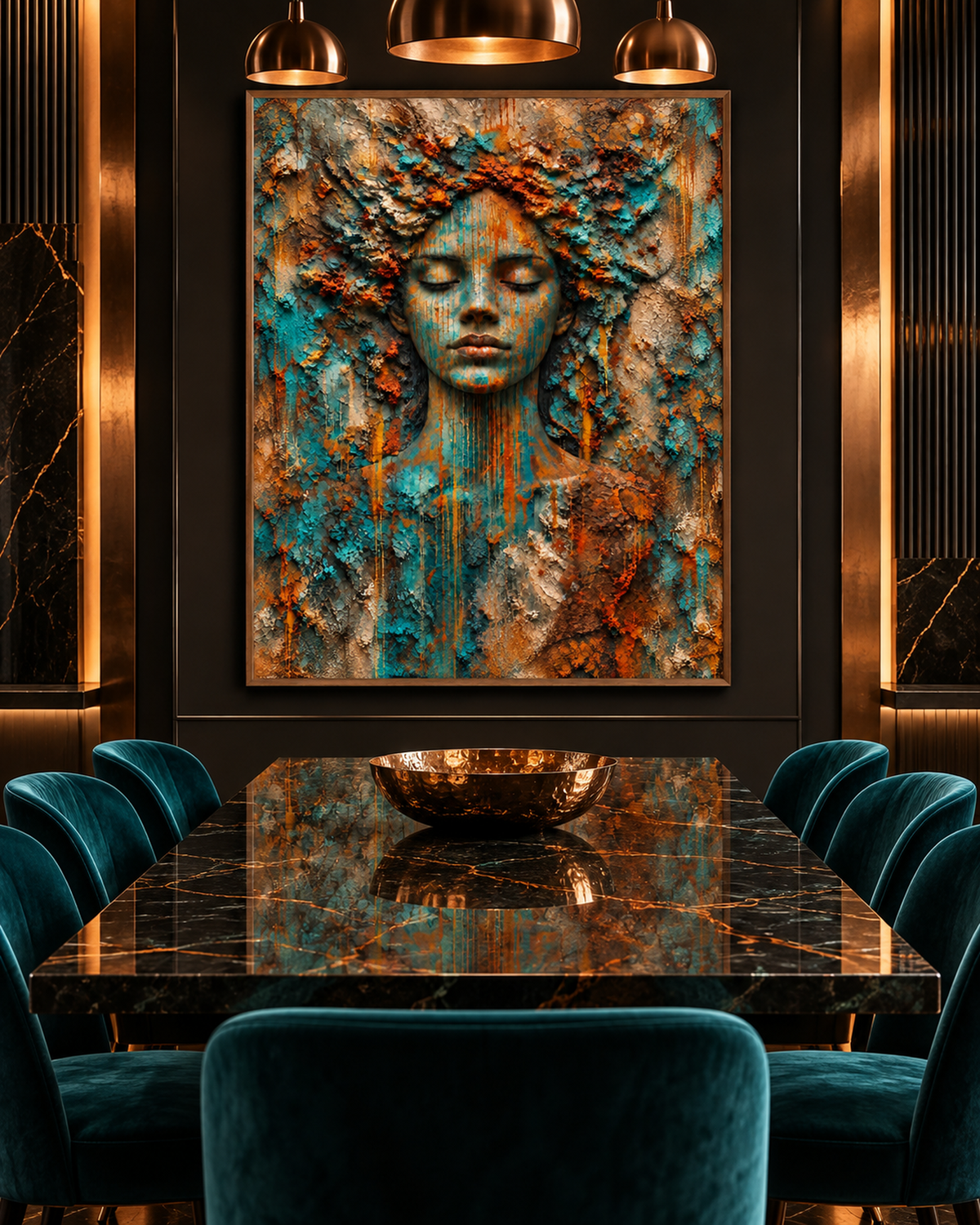 Terra Lace Soul by NAÏAH, a terracotta, turquoise and copper sculptural female portrait, shown at 70 × 100 cm in an oak frame in a refined dining room.