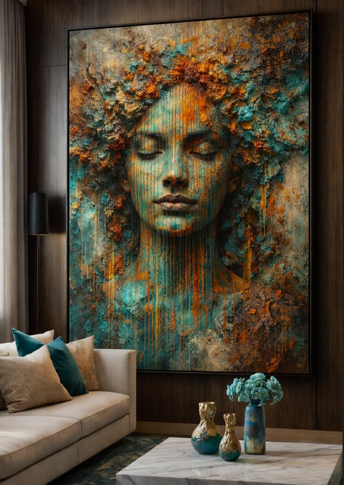 Terra Lace Soul by NAÏAH, a terracotta, turquoise and copper sculptural female portrait in a luxury living room.