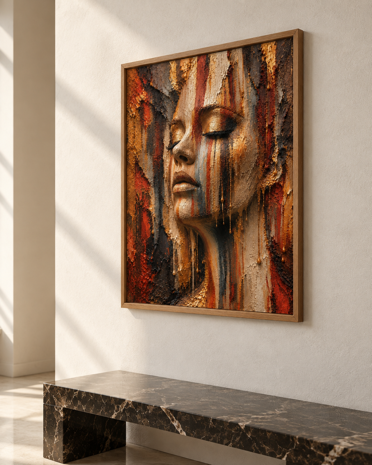 Terracotta Soul by NAÏAH, a copper, cream and charcoal sculptural female portrait, shown at 30 × 45 cm in an oak frame in a bright white gallery.