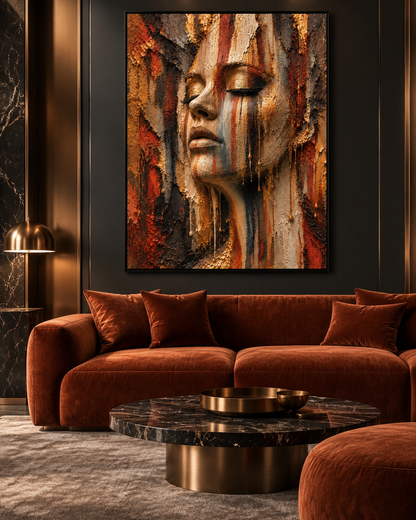Terracotta Soul by NAÏAH, a copper, cream and charcoal sculptural female portrait, shown at 70 × 100 cm in a black frame in a luxury living room.