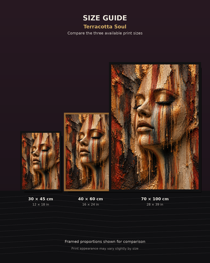 Terracotta Soul by NAÏAH size guide showing 30 × 45, 40 × 60 and 70 × 100 cm fine art prints.