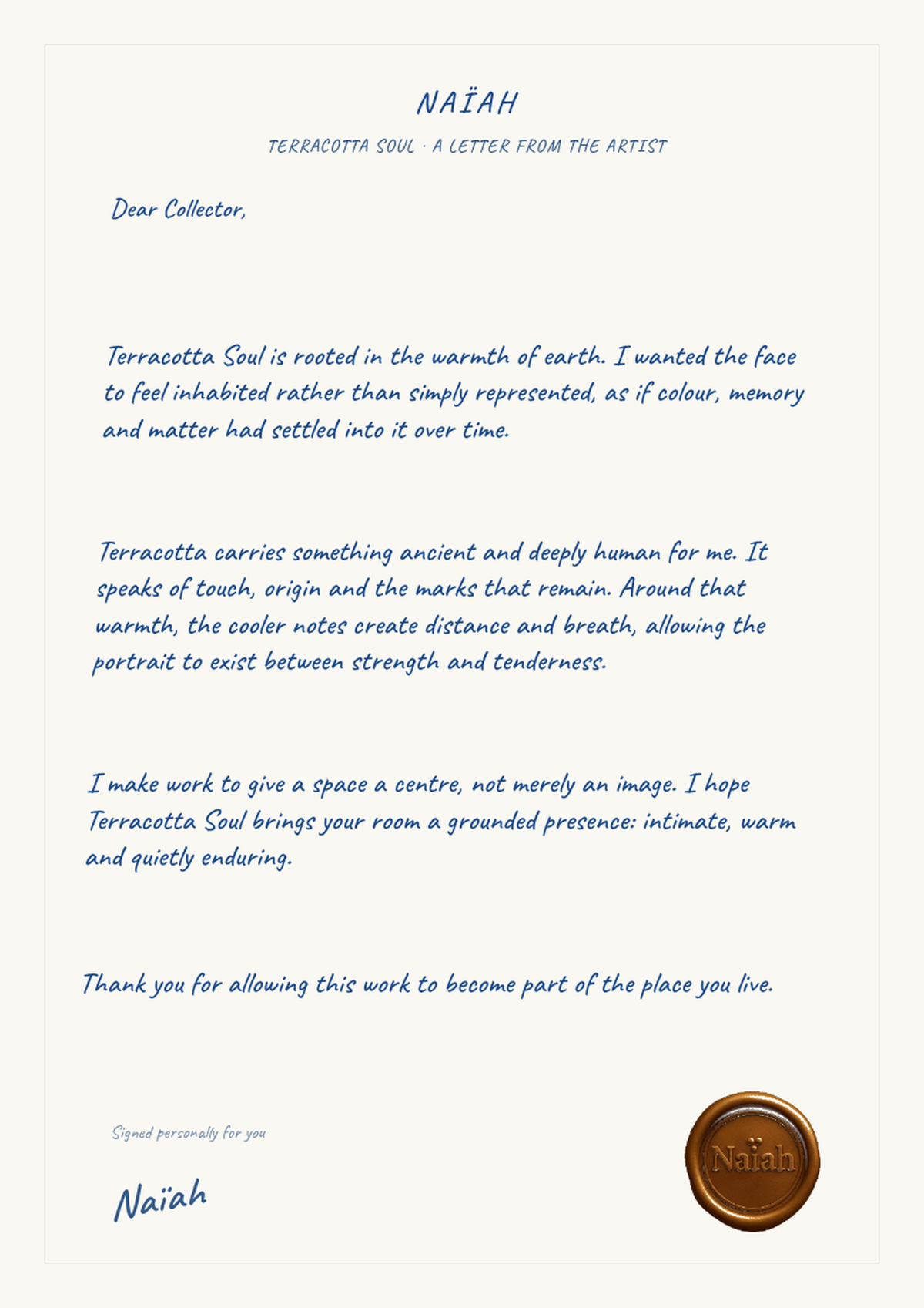 Personal Dear Collector artist letter for Terracotta Soul by NAÏAH.