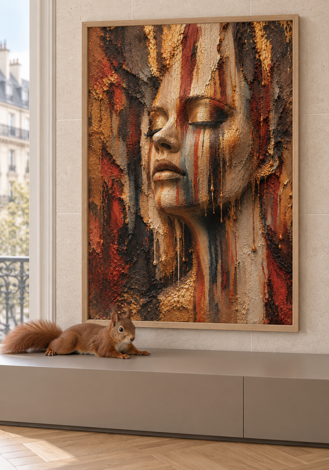 Terracotta Soul by Naïah — 70 × 100 cm framed print with a realistic squirrel