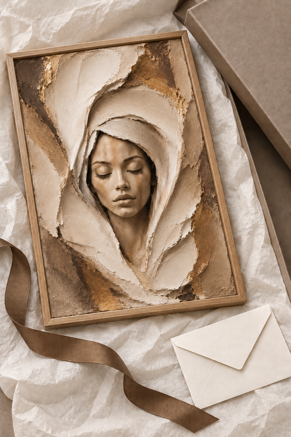 The Veil Between by NAÏAH framed and wrapped in tissue as collector gift packaging.