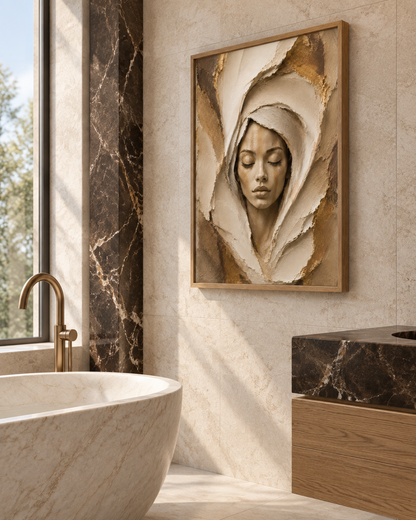 The Veil Between by NAÏAH, a neutral cream, ivory and gold sculptural female portrait, shown at 30 × 45 cm in an oak frame in a mineral-toned bathroom.