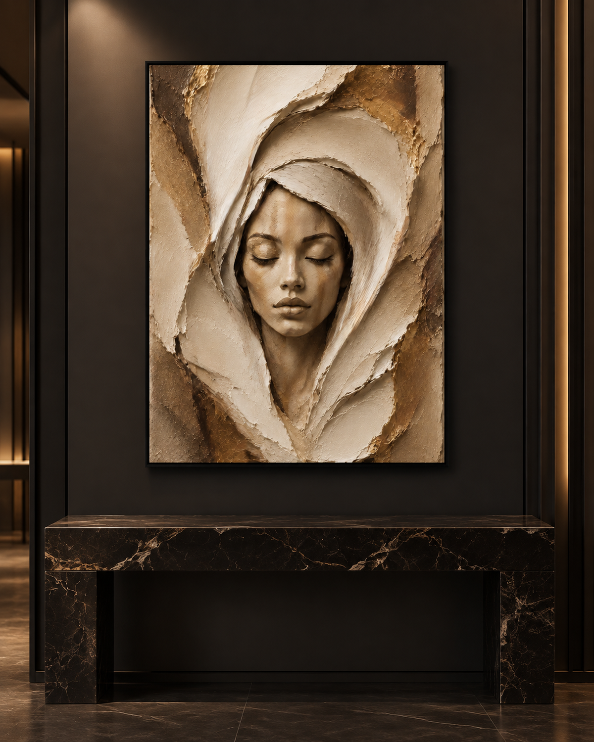 The Veil Between by NAÏAH, a neutral cream, ivory and gold sculptural female portrait, shown at 40 × 60 cm in a black frame in a dark lacquered designer interior.