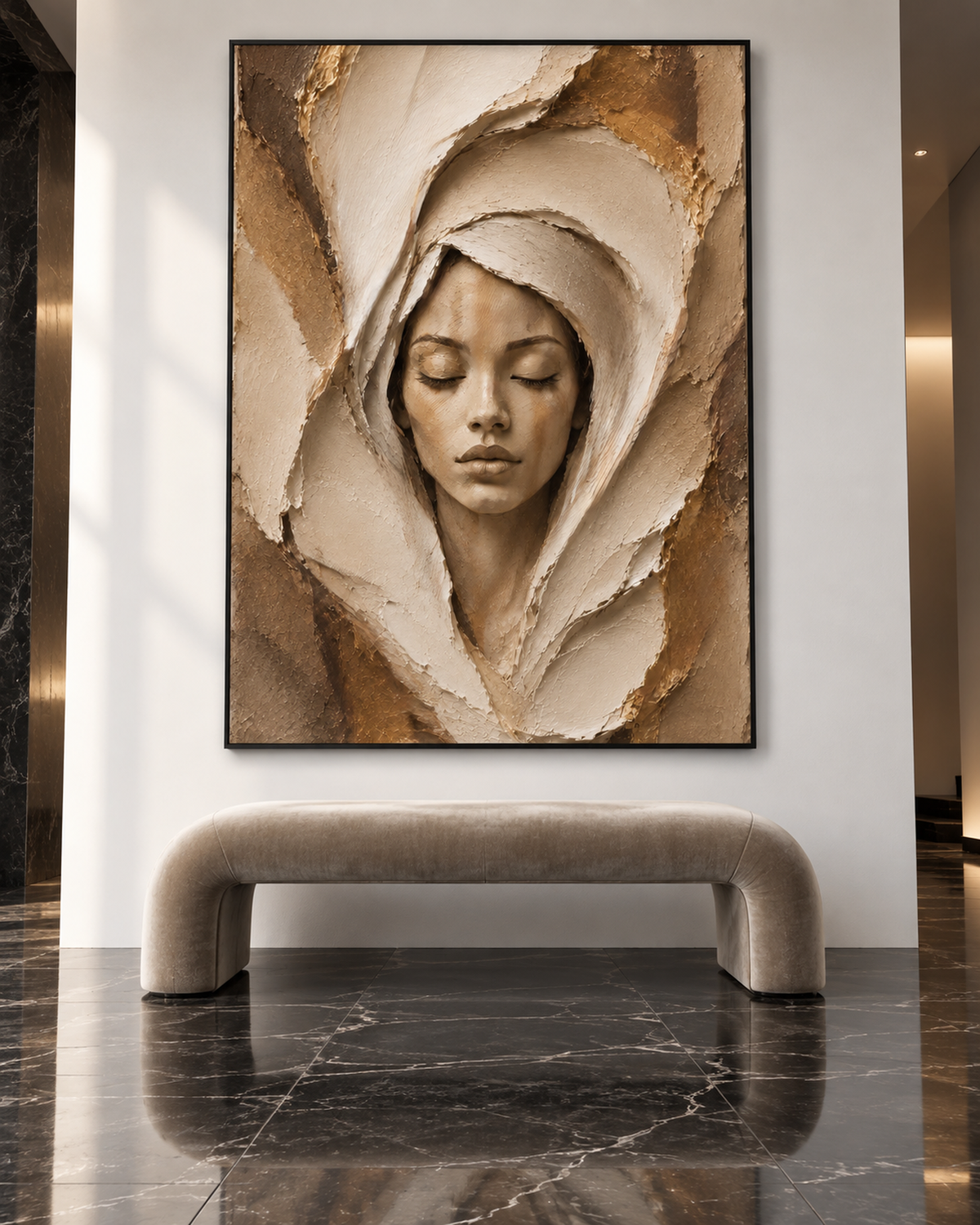 The Veil Between by NAÏAH, a neutral cream, ivory and gold sculptural female portrait, shown at 70 × 100 cm in a black frame in a bright white gallery.