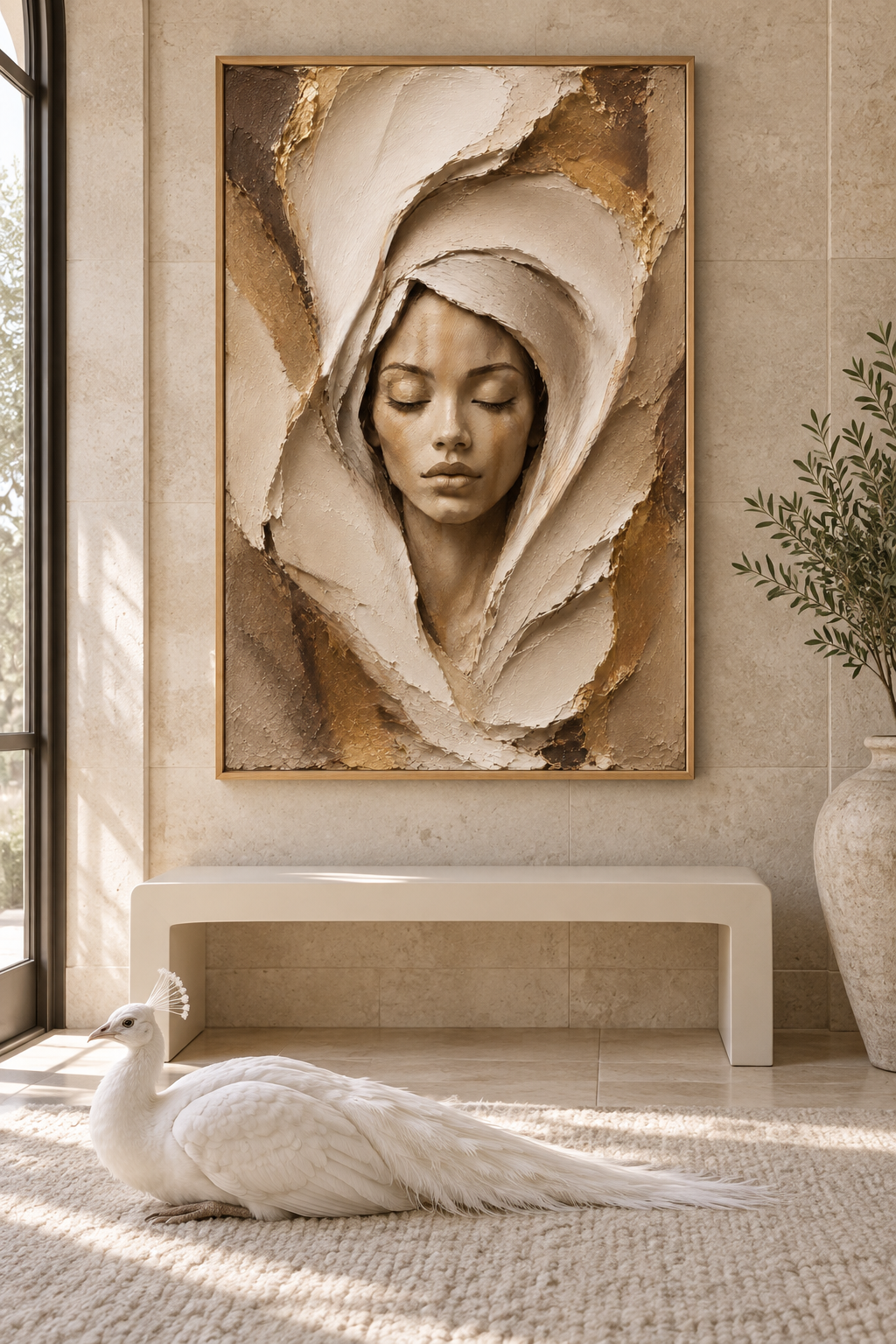 The Veil Between by NAÏAH, a neutral cream, ivory and gold sculptural female portrait in a contemporary living room.