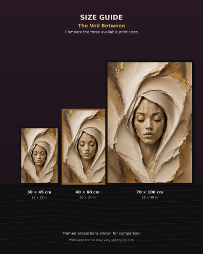 The Veil Between by NAÏAH size guide comparing 30 × 45, 40 × 60 and 70 × 100 cm formats.