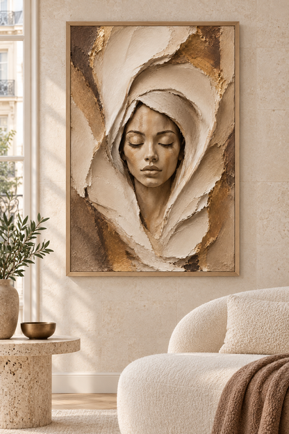The Veil Between by NAÏAH, a neutral cream, ivory and gold sculptural female portrait in a bright interior with a white sofa.